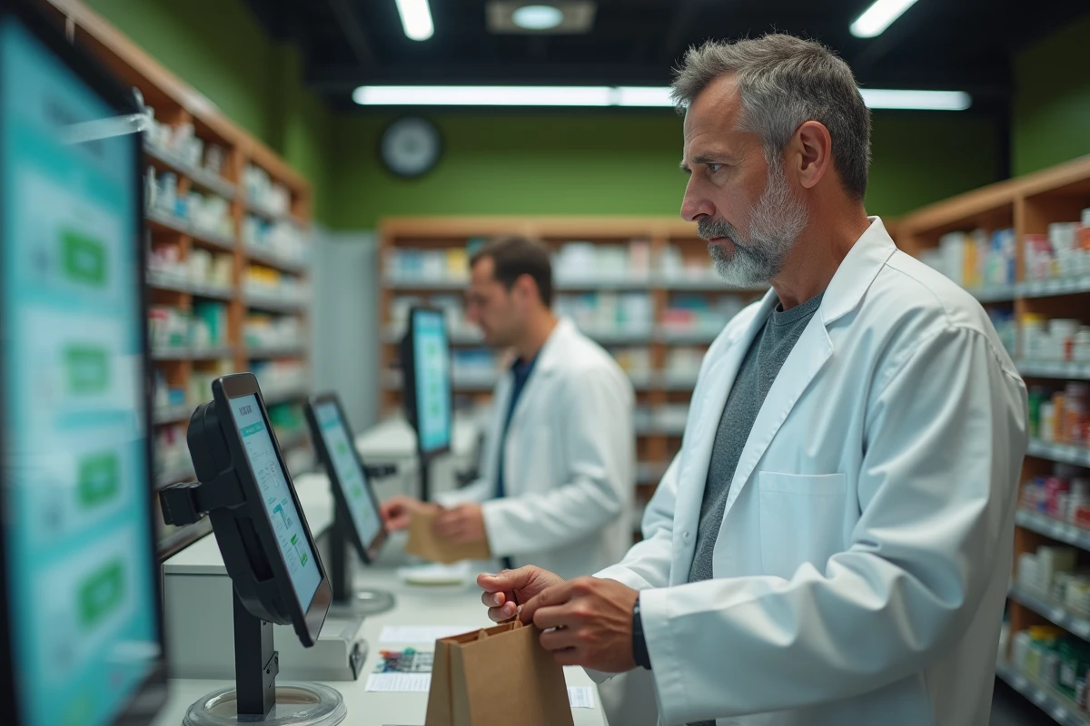 Pharmacien remettant une ordonnance à un client au comptoir avec terminal numérique affichant des tâches de progression