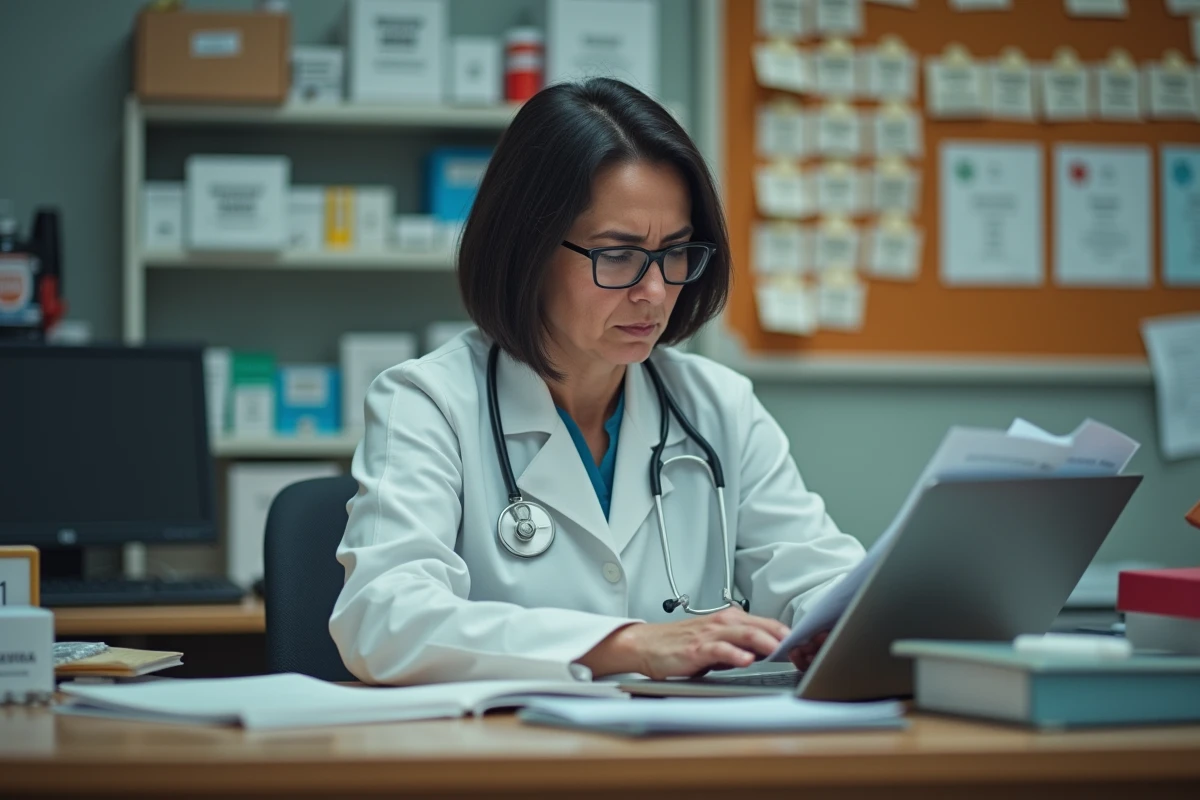 Pharmacienne consultant un dossier patient et un écran d'interface de progression dans l'arrière-boutique d'une pharmacie