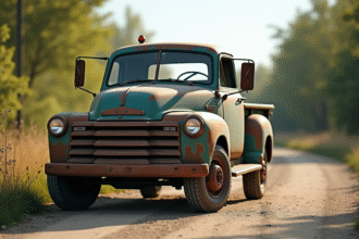 Camion pick-up d'occasion stationne en campagne sous la lumière du jour
