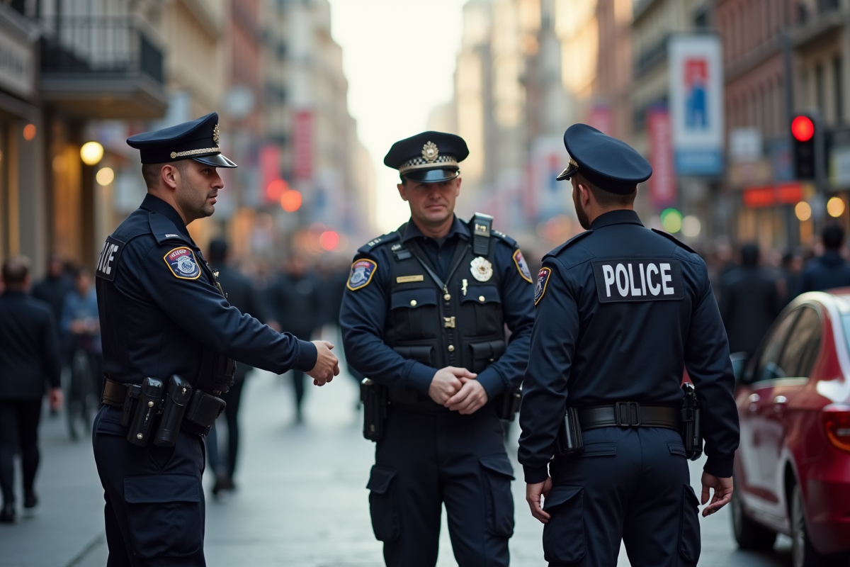 Policiers aidant des civils dans une rue animée en journée