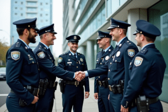 Groupe de policiers et recrues devant une station urbaine
