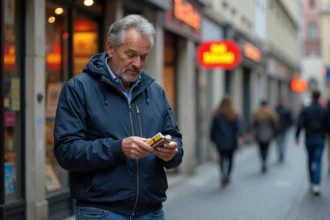 Un homme d'une quarantaine d'années examine le prix d'un paquet de cigarettes devant un bureau de tabac au Luxembourg