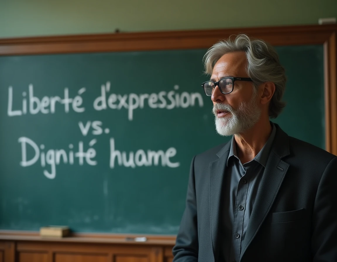 Professeur universitaire d'origine sud-asiatique devant un tableau sur la liberté d'expression et la dignité humaine, dans le contexte du débat sur l'humour raciste