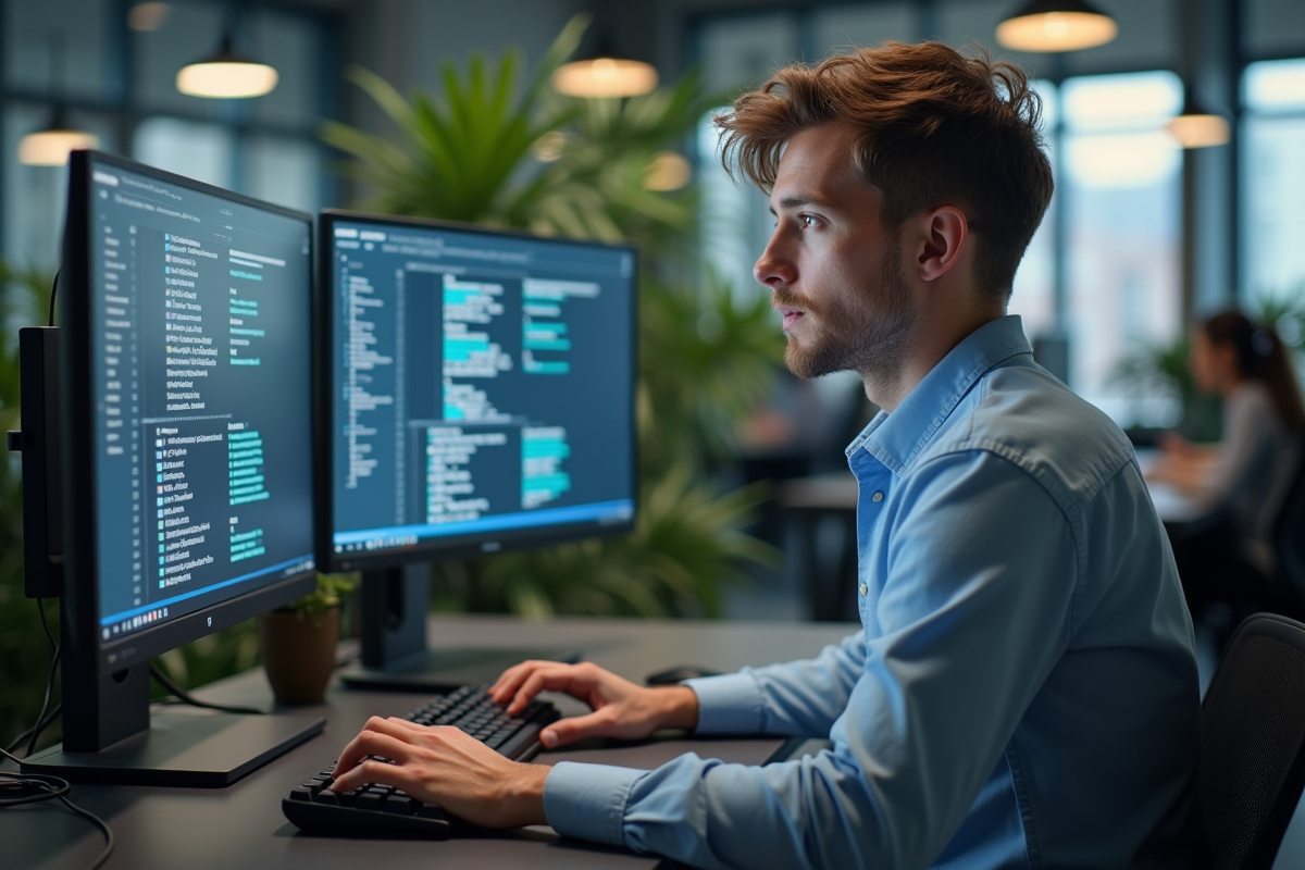 Jeune homme IT compare deux écrans en bureau moderne