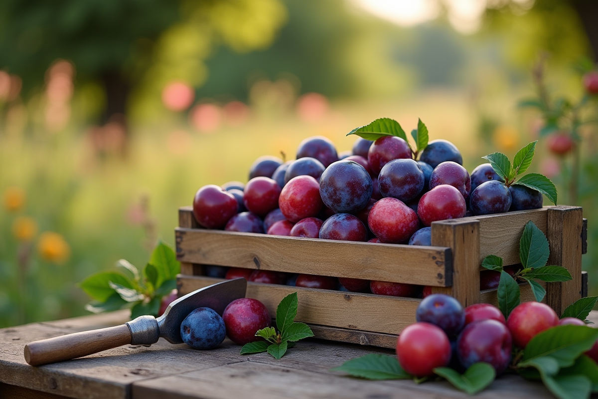 Prunes fraîches dans une caisse en bois sur une table extérieure