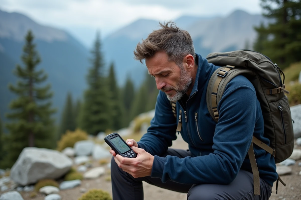 Randonneur utilisant un GPS de randonnée sur un sentier de montagne