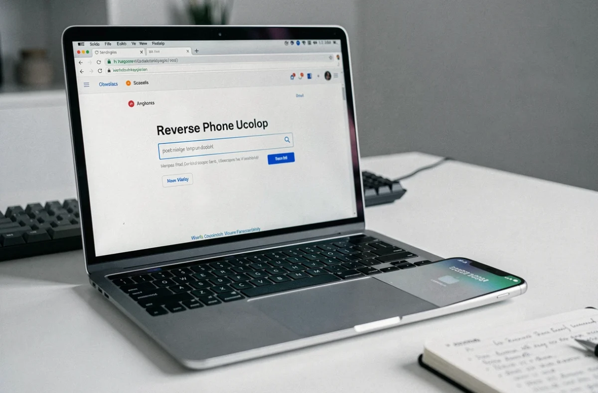 Écran d'ordinateur affichant une recherche de numéro de téléphone inversée dans un navigateur web, avec un smartphone posé à côté montrant un numéro inconnu