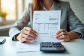 Mains tenant un relevé de salaire et une calculatrice sur un bureau lumineux