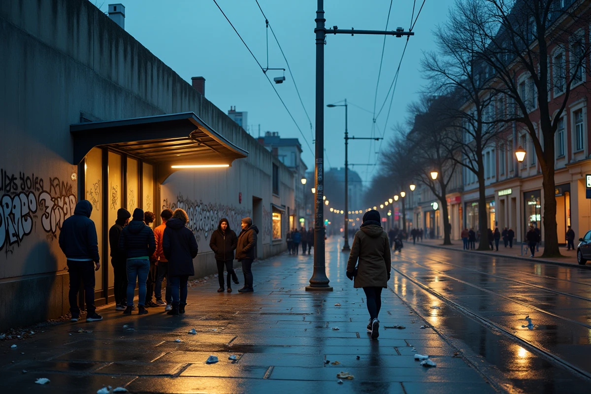 Place urbaine de Rennes le soir avec jeunes encapuchonnés, femme marchant vite et caméra de surveillance, ville en état d'alerte