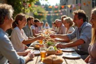Groupe de villageois partageant un repas convivial en plein air