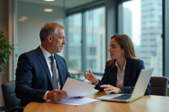 Homme en costume navy et femme d'affaires en réunion
