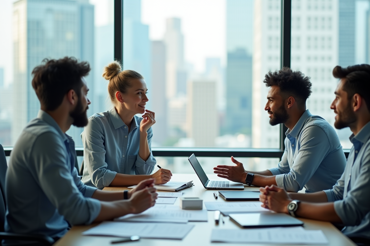 Trois entrepreneurs discutant de polices d