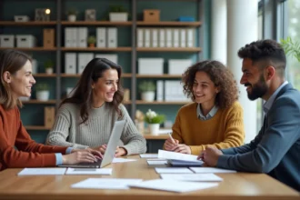 Quatre adultes divers en réunion de travail dans un bureau moderne