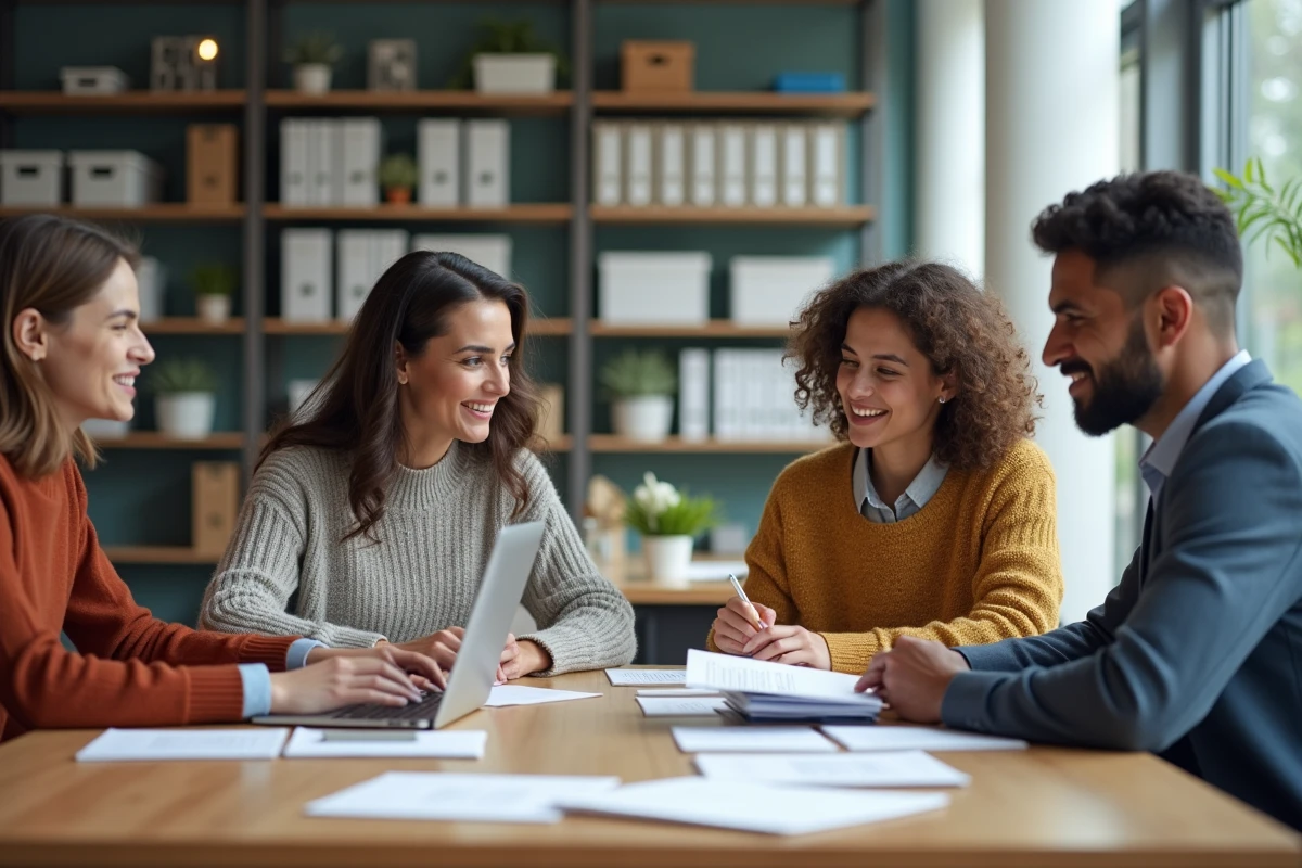 Quatre adultes divers en réunion de travail dans un bureau moderne