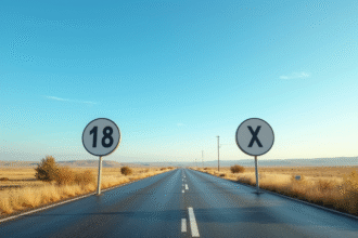 Route de campagne avec panneaux de distance en miles et kilomètres