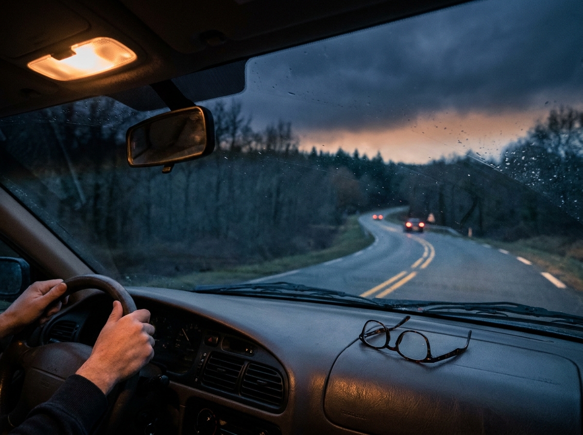 Route sinueuse de Corrèze la nuit vue depuis l'intérieur d'un véhicule avec des lunettes de conduite