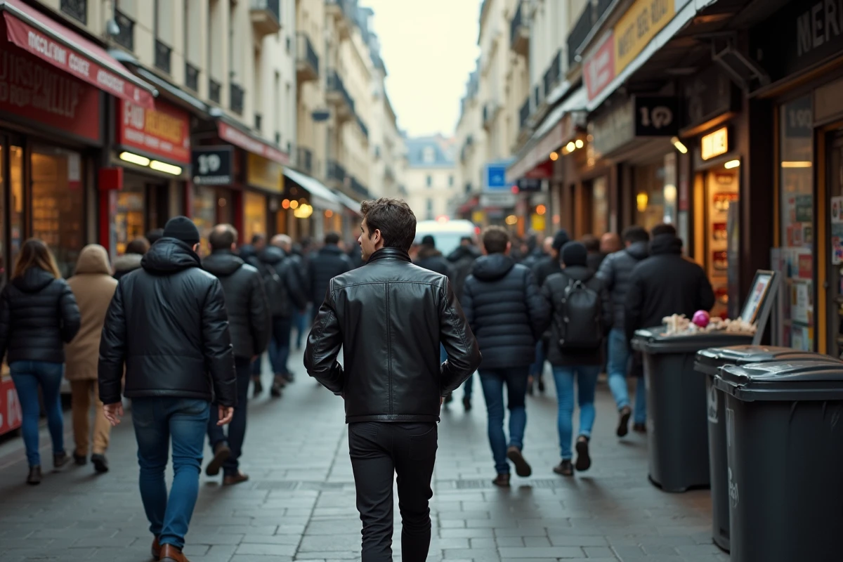 Rue commerçante animée de Saint-Denis avec foule dense, commerces serrés et camionnette de police en arrière-plan, épicentre de la délinquance en Île-de-France