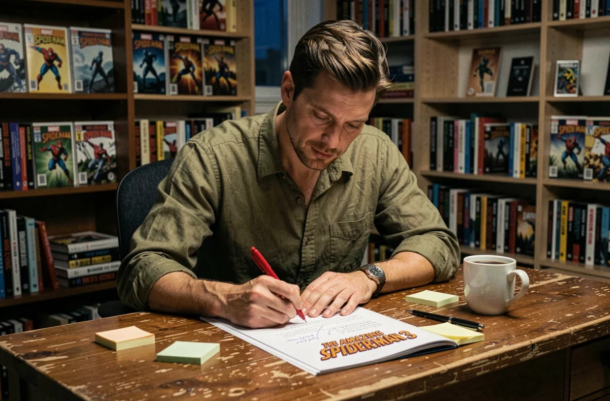 Scénariste annotant le script d'Amazing Spider-Man 3 dans son bureau à Los Angeles avec des références de comics Marvel