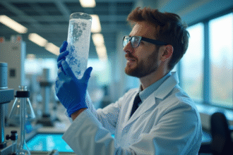 Scientifique tenant un tube à essai avec gaz incolore dans un laboratoire moderne