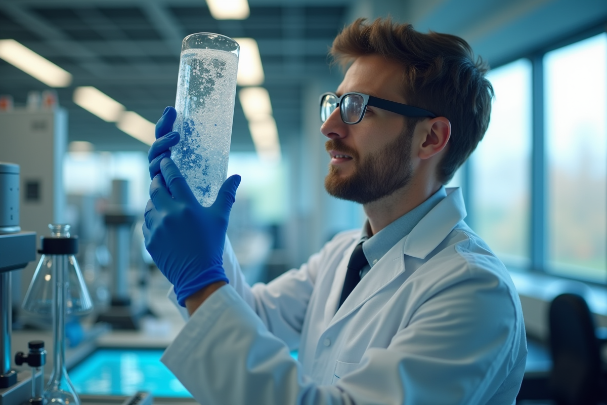 Scientifique tenant un tube à essai avec gaz incolore dans un laboratoire moderne