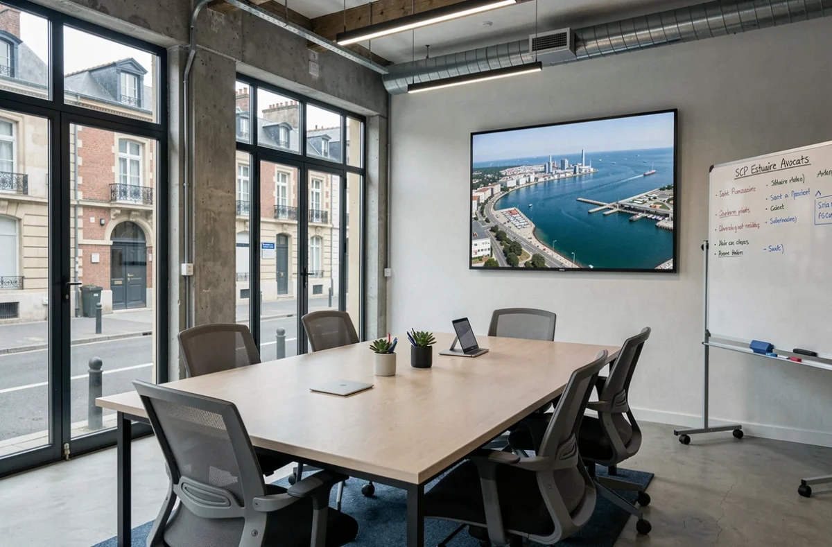 Salle de réunion du cabinet SCP Estuaire Avocats à Saint-Nazaire avec table de conférence et photo aérienne de l'estuaire