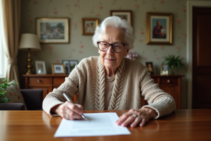 Femme âgée signant un document de prêt immobilier