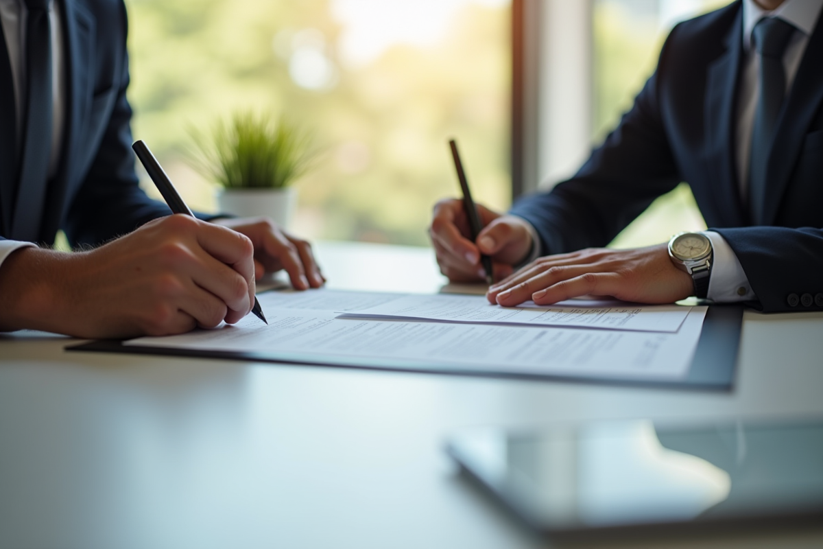 Signature d'un contrat immobilier avec des mains et stylos