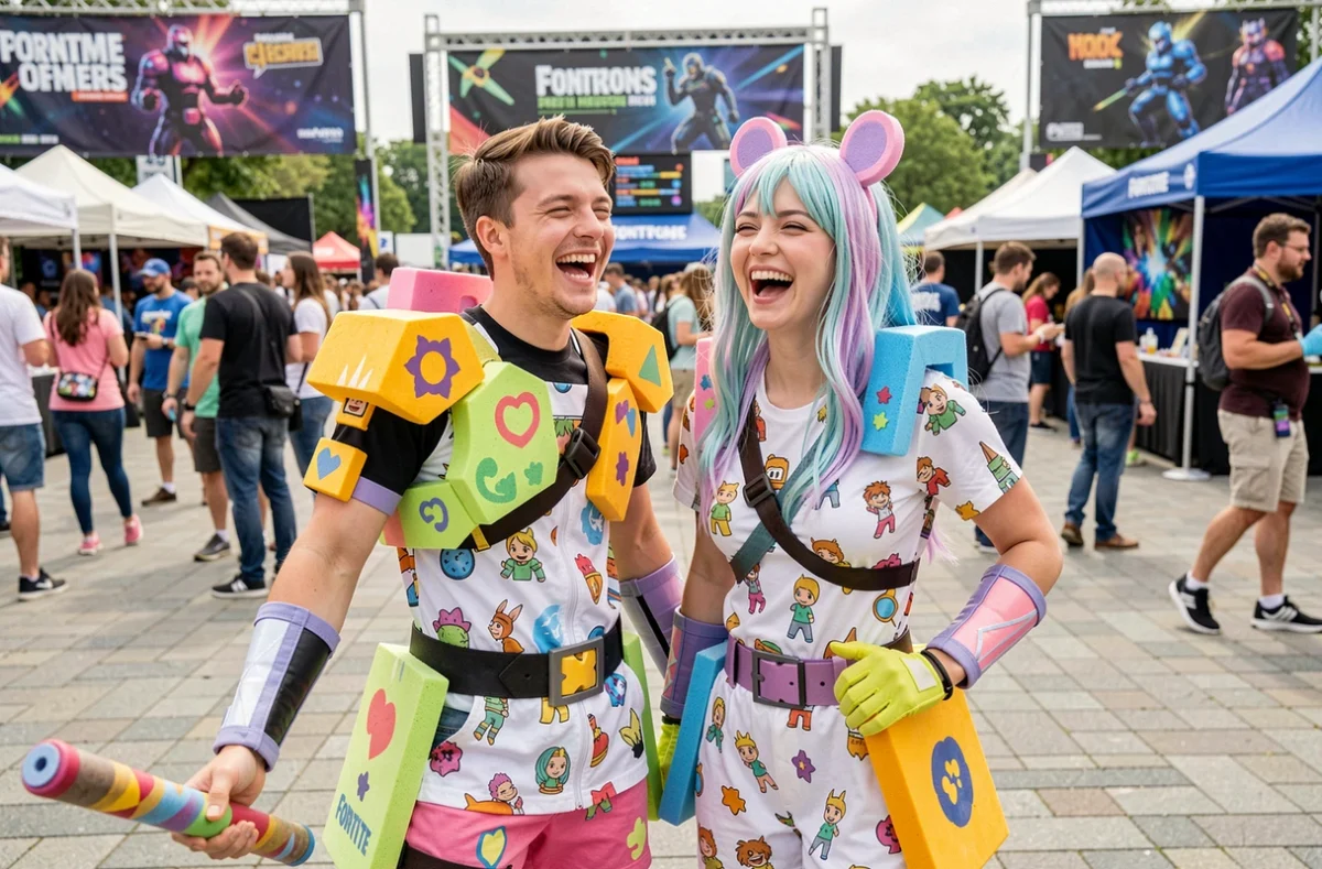Deux cosplayeurs en skins fun et colorés Fortnite riant ensemble lors d'une convention gaming