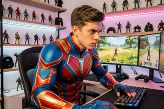 Joueur en costume de super-héros Fortnite devant son setup gaming avec double écran