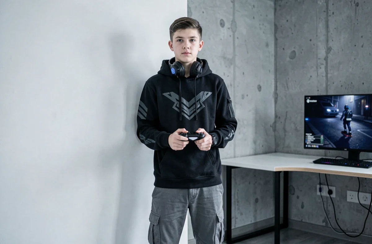 Jeune gamer tryhard en tenue sombre et casque gaming posant dans sa chambre minimaliste