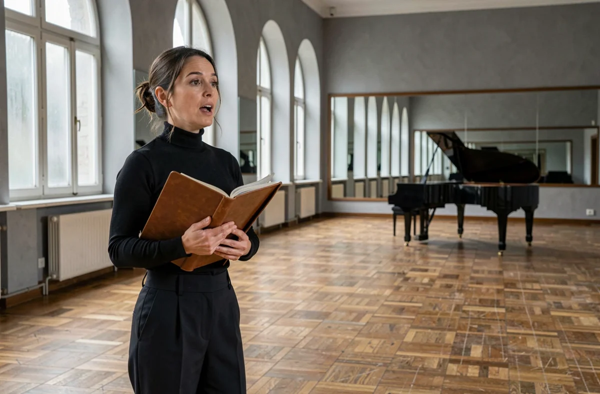 Soprano d'opéra en répétition dans une grande salle de conservatoire historique tenant une partition