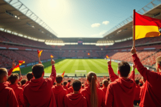 Stade vintage avec supporters RC Lens en rouge et jaune