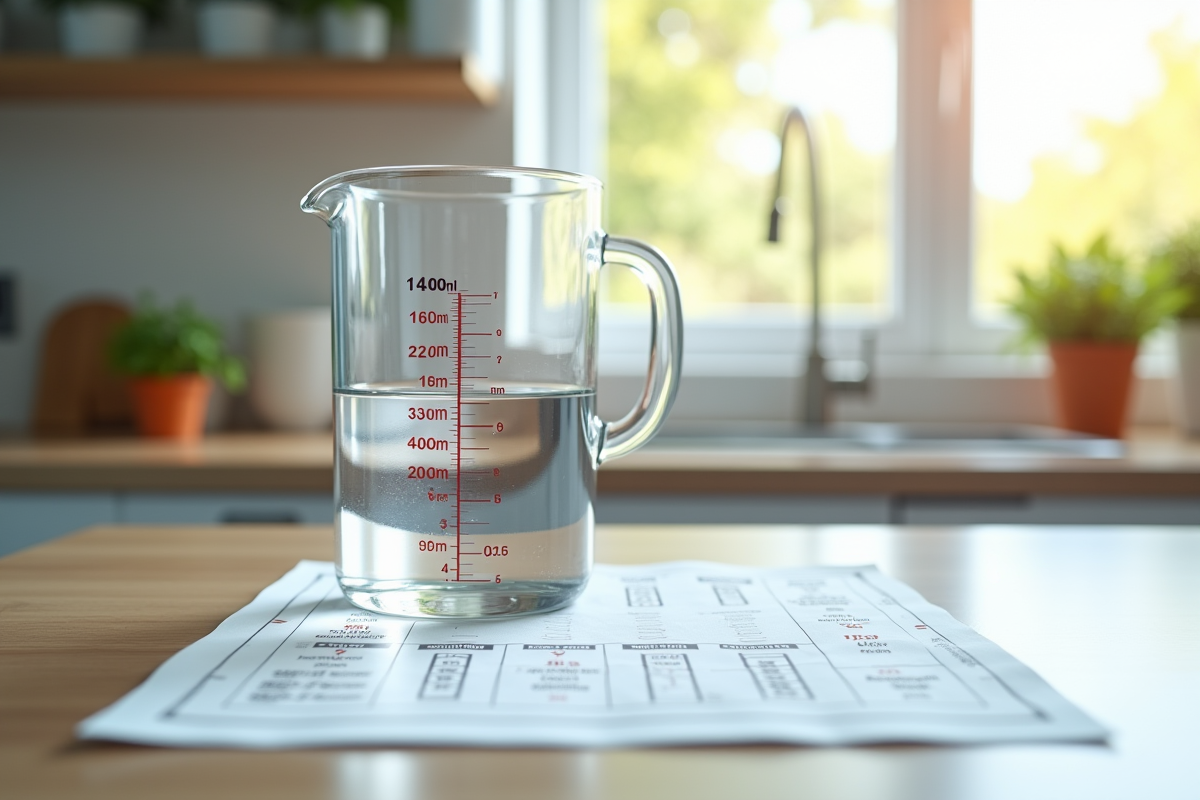 Table de cuisine avec un verre d'eau de 400 ml et tableaux de conversion