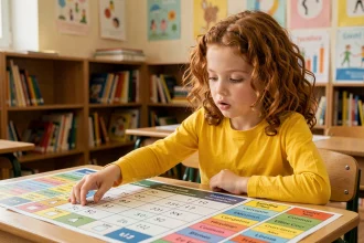 Jeune fille dyslexique utilisant un tableau de conversion litres en cm3 coloré posé sur un bureau d'école en bois