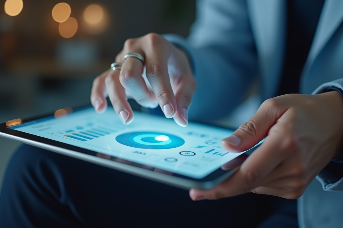Mains utilisant une tablette avec tableau de bord d