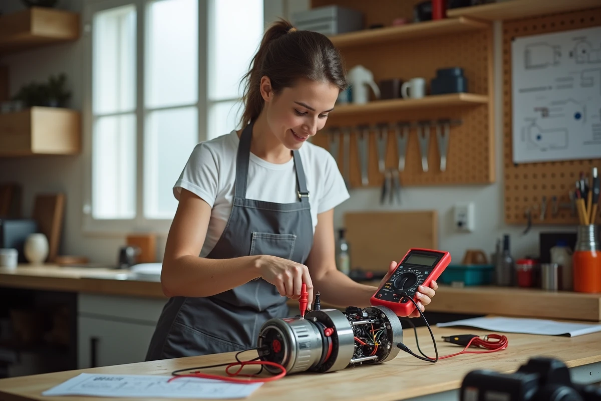 Femme technicienne mesurant la résistance d'un moteur avec un multimètre sur un établi de réparation