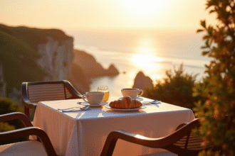 Terrasse romantique sur la côte bretonne au petit matin
