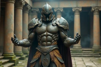 Cosplayer en costume de titan primordial avec armure en résine texturée dans un temple antique en ruines