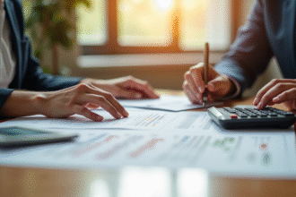 Professionnel travaillant avec documents et calculatrice sur un bureau lumineux