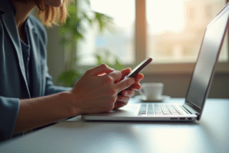 Personne utilisant un smartphone sur un bureau lumineux