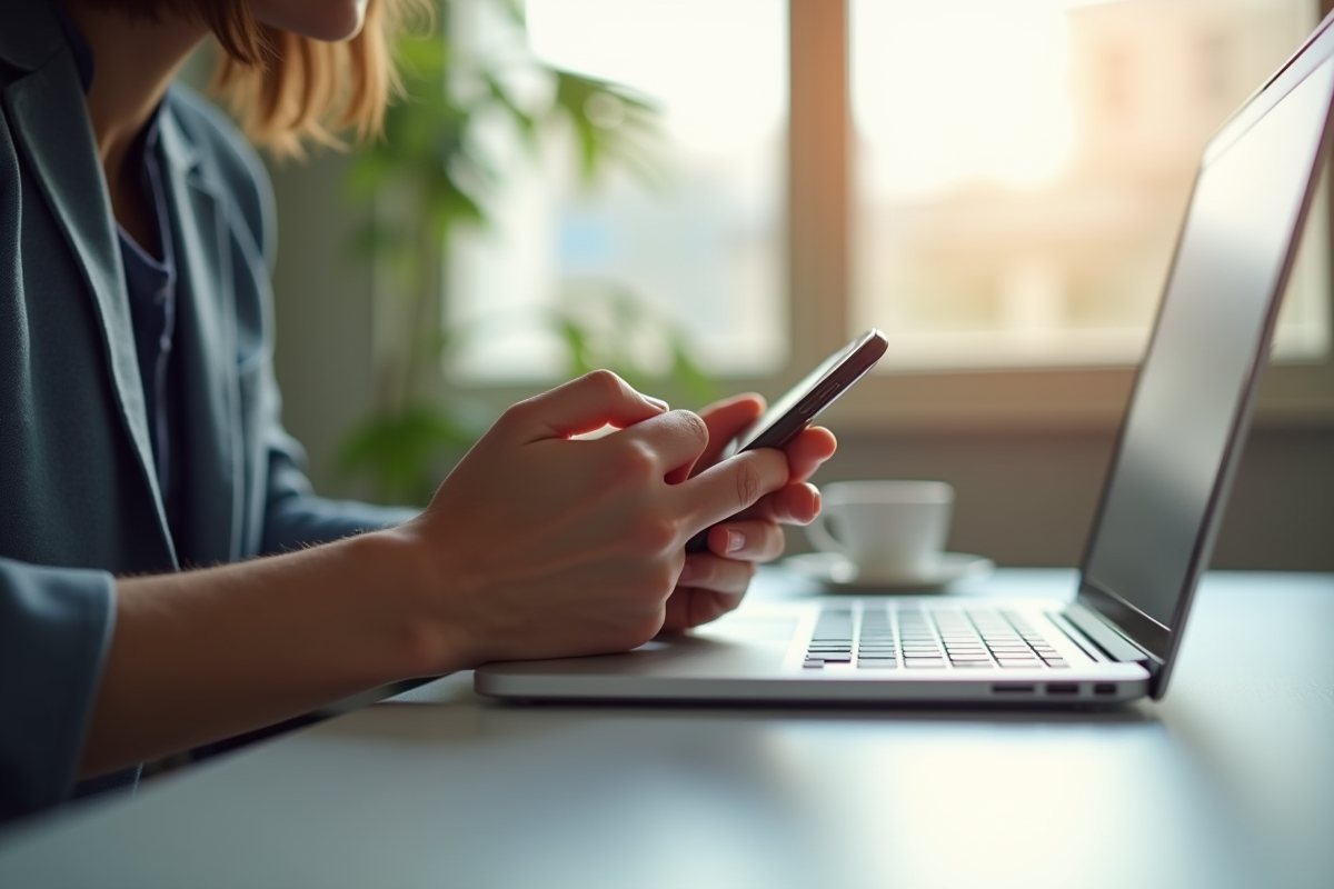 Personne utilisant un smartphone sur un bureau lumineux