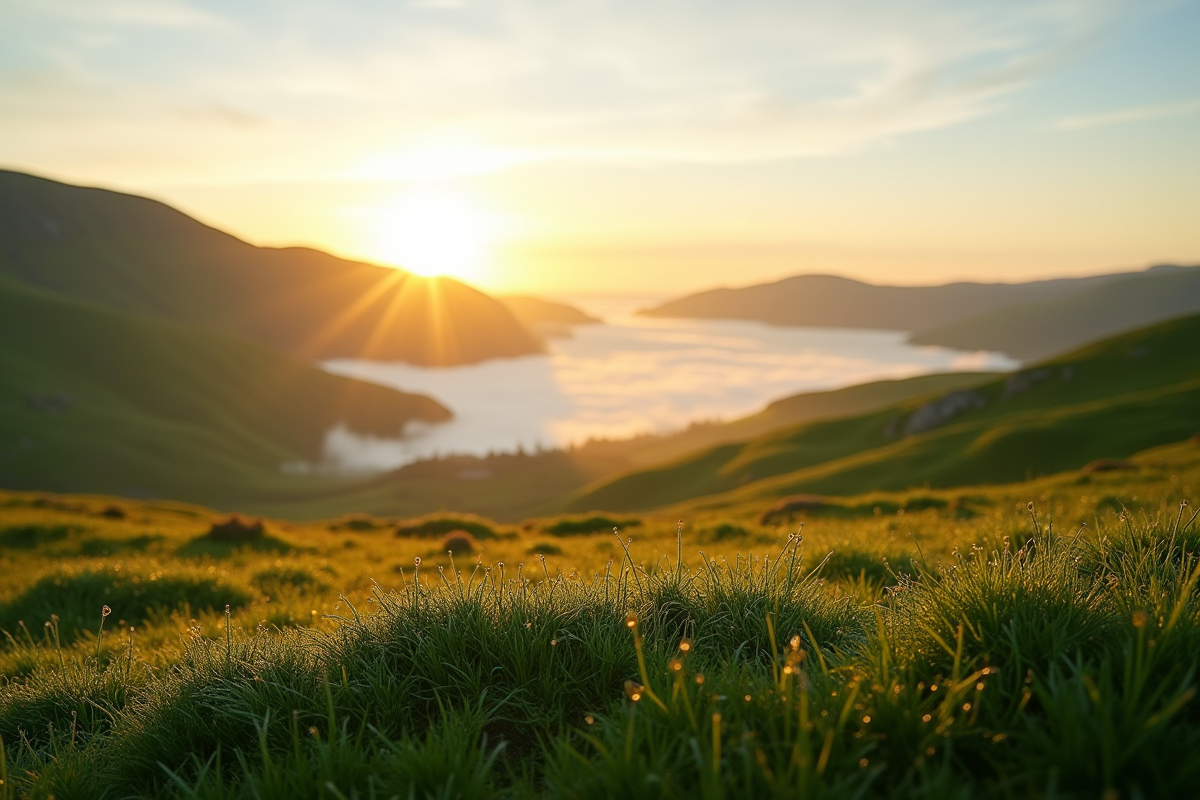 Vallée paisible de Terre-Neuve avec collines vertes au lever du soleil