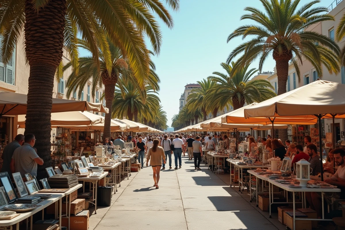 Vue panoramique d'un vide grenier animé sur la promenade d'une ville côtière des Alpes-Maritimes
