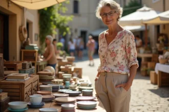 Femme parcourant les étals d'un vide-grenier en plein air dans un village du Lot ou de l'Aveyron ce week-end