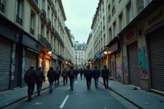 Vue large d'une rue urbaine française sous tension au crépuscule, illustrant le thème de l'insécurité dans les grandes villes françaises