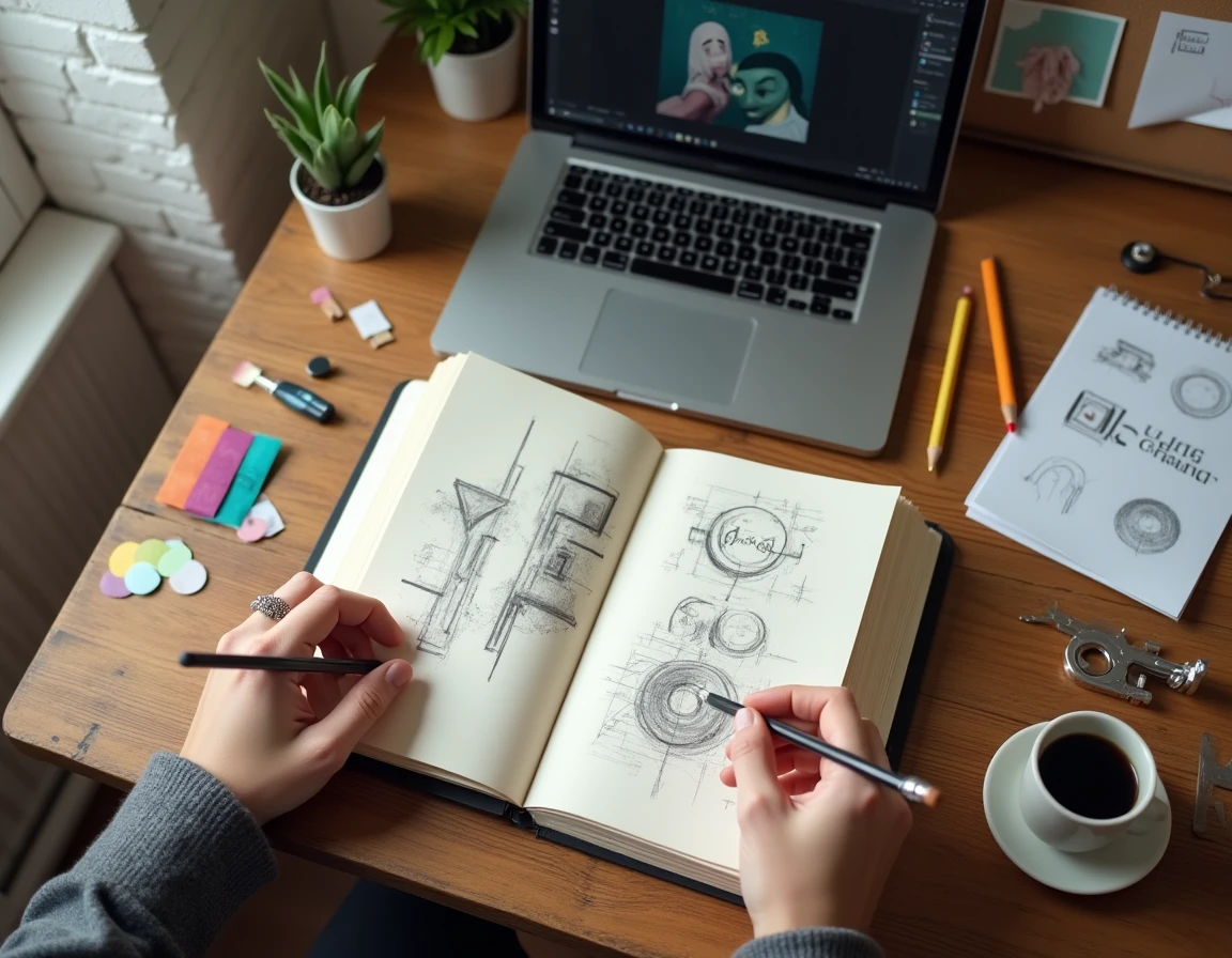 Mains d'un visual jockey esquissant des concepts d'identité visuelle dans un carnet de croquis sur un bureau créatif