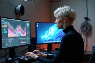 Visual jockey femme assise devant des écrans de montage vidéo dans un studio créatif, travaillant sur son identité visuelle