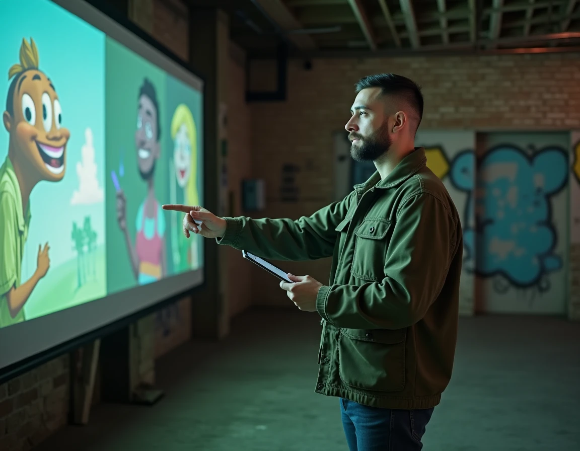 Visual jockey homme présentant ses créations visuelles sur grand écran de projection dans un espace industriel