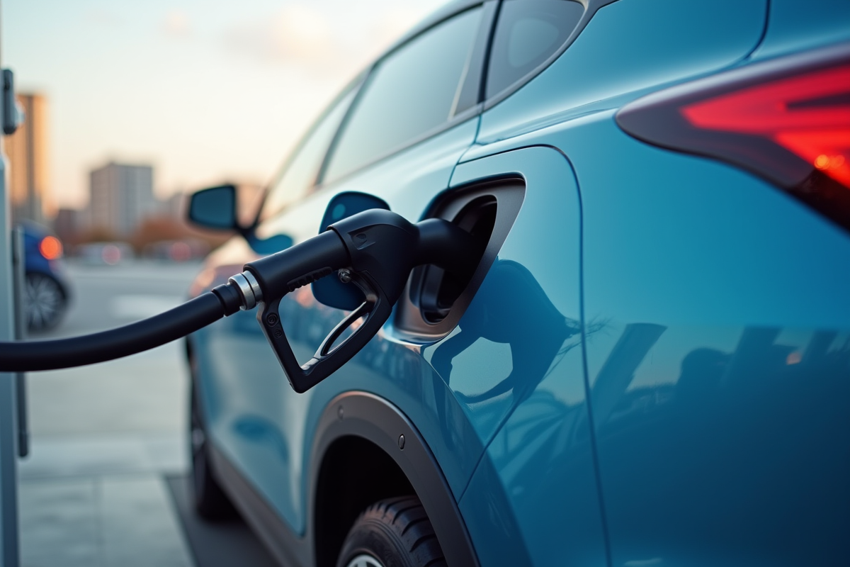 Voiture à hydrogène en station de recharge avec reflet métallique et ville en arrière-plan