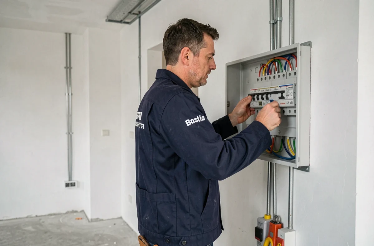 Électricien de Volpe Energia installant un tableau électrique dans un appartement à Bastia